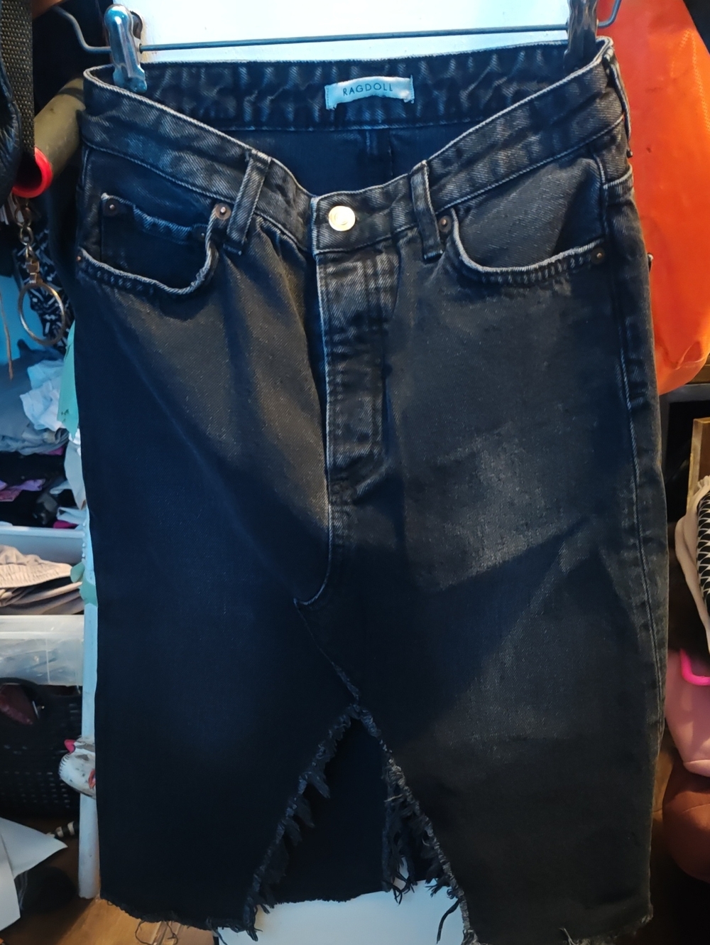 Ragdoll LA Faded Black 100% Cotton Denim Midi Skirt Button Fly